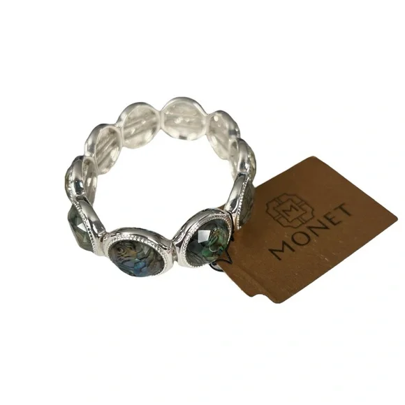 Monet Silver and Blue Stretch Bracelet with Cabochon Stones - Picture 4 of 6